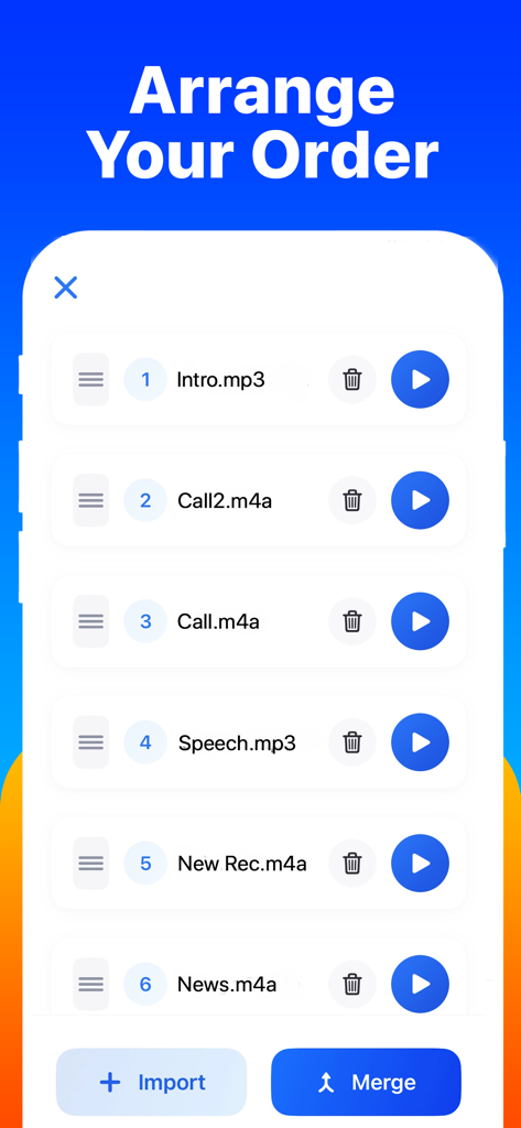 Merge - Voice Memos - A list of audio recordings in the Merge app interface with options to reorder and combine files.