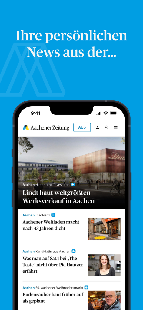 Aachener Zeitung News - A mobile phone screen showcasing the Aachener Zeitung local news app with regional German headlines.