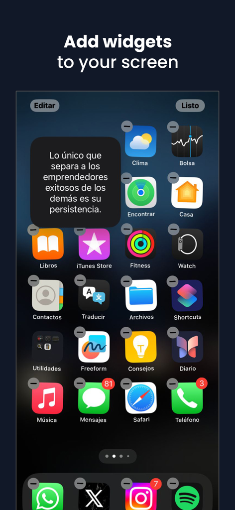 DontQuit - Motivational Quotes - Pantalla de inicio de iPhone con un widget de frases de motivación personalizadas de la aplicación DontQuit.