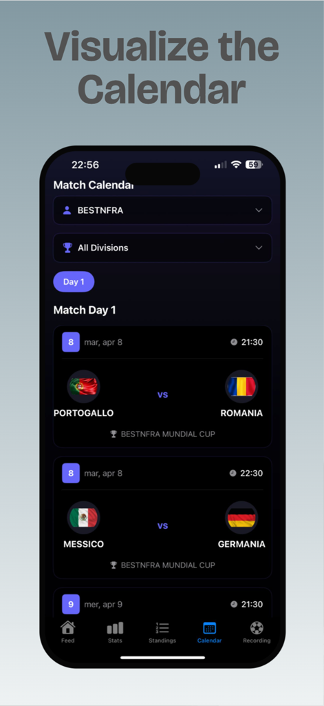 EliteCam App-Bildschirm Kalender mit Spielplänen für Fußballturniere.
