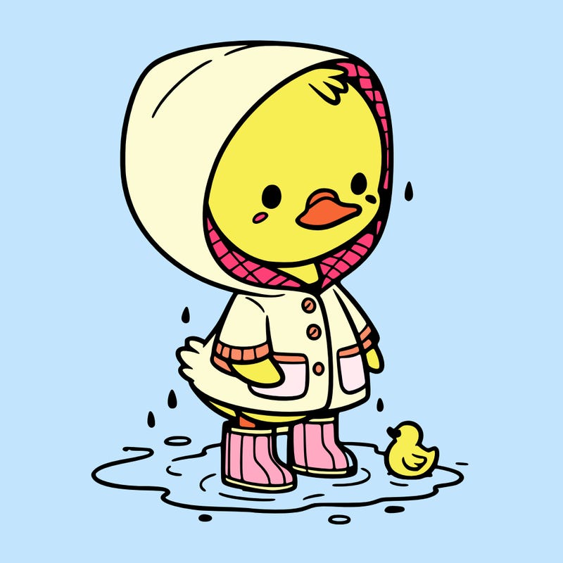baby duck in a rain coat and boots, in a puddle while it’s raining