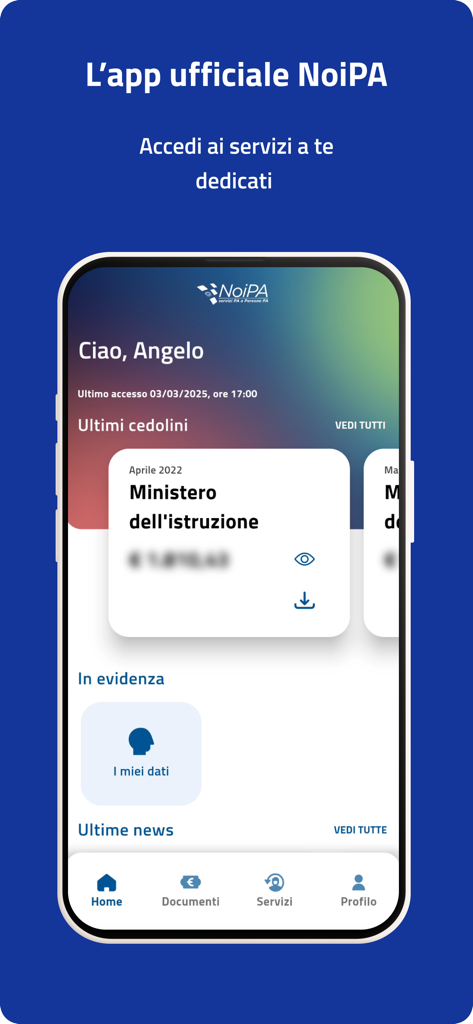 Official NoiPA MEF app home screen showing the user dashboard with recent payslips and navigation options.