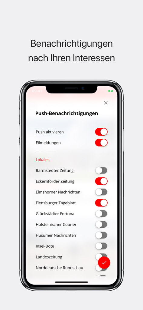 Bildschirm für Push-Benachrichtigungseinstellungen in der sh:z News App mit verschiedenen Benachrichtigungsoptionen lokaler Zeitungen.