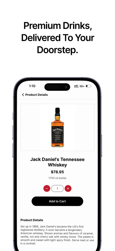 Dial a Bottle app interface displaying Jack Daniels whiskey for doorstep delivery