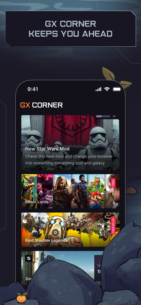 Opera GX - Navegador móvil Opera GX mostrando la función GX Corner con noticias de juegos y ofertas gratuitas