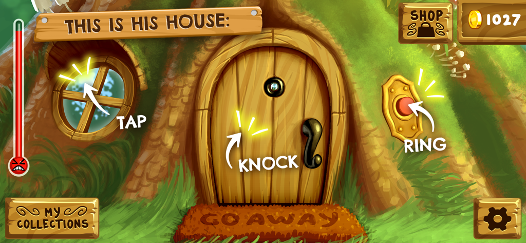 Do Not Disturb! Prank Games - A cartoon house with options to tap the window knock the door and ring the doorbell in the Do Not Disturb prank game