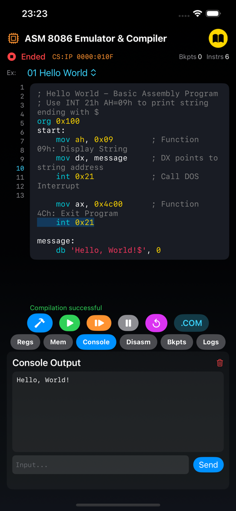 ASM 8086 Emulator & Compiler - Interfaccia dell'emulatore e compilatore ASM 8086 che mostra codice assembly e output della console