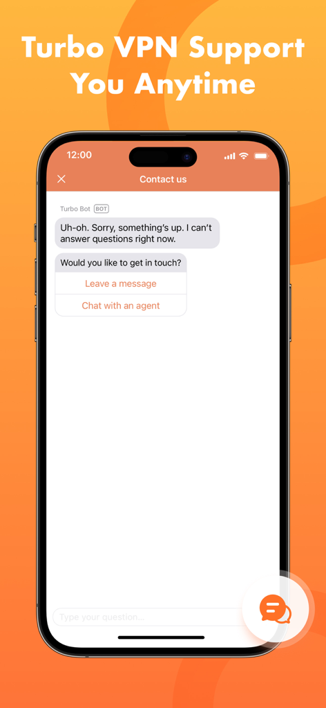 Turbo VPN customer support chat interface on a mobile phone showing contact options