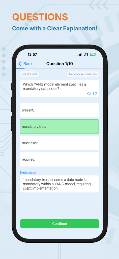 CCNP Exam Ready - Una pregunta de práctica CCNP sobre automatización de redes que presenta una pregunta de nivel difícil con una respuesta correcta resaltada y una explicación detallada.