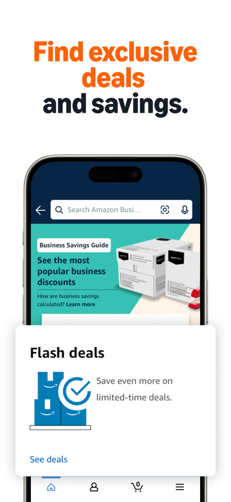 Amazon Business: B2B Shopping - Interfaz de la aplicación móvil Amazon Business mostrando ahorros exclusivos y ofertas flash para profesionales.