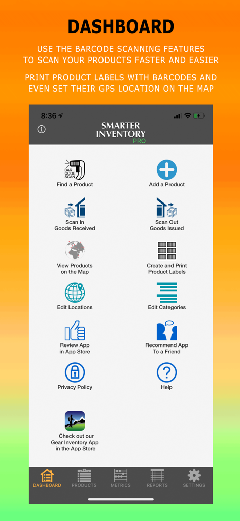Smarter Inventory - Main dashboard of the Smarter Inventory app showing menu icons for barcode scanning product management and reporting