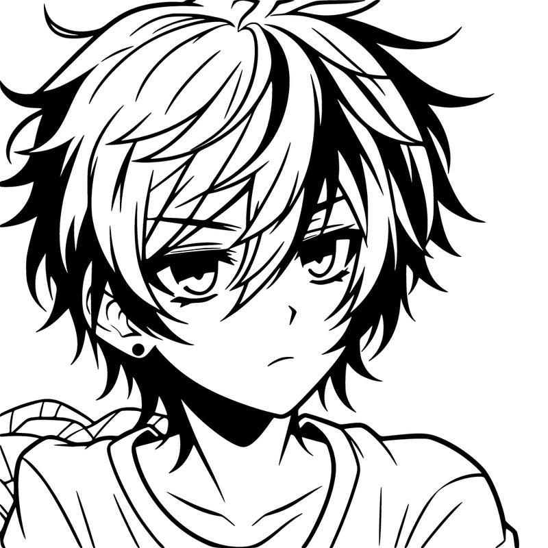 emo anime guy messy hair white shirt eyebags