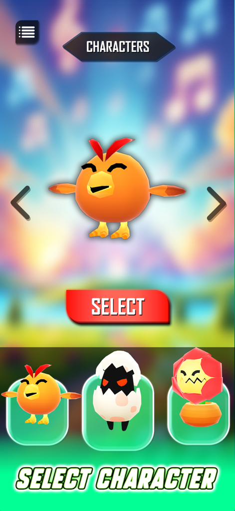 Music Games - Piano Beat Games - Character selection menu showing cartoon bird and egg skins
