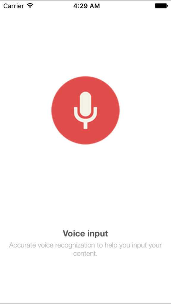 Travel translator - Speech translation - Voice input screen of the Travel Translator app featuring a large red microphone icon and a description of the voice recognition feature.