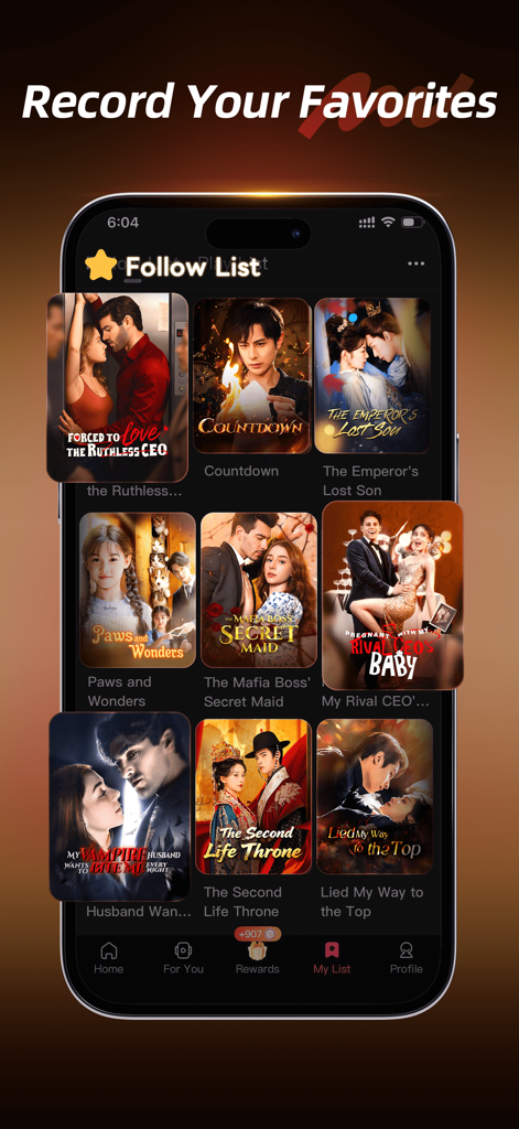 Interfaz de la aplicación FlexTV que muestra la Lista de Seguimiento con varios pósteres de series de drama cortas