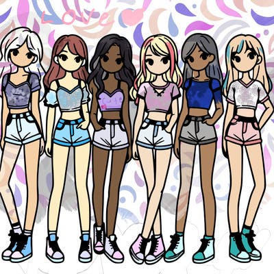 a group of girls wearing crop tops and shorts