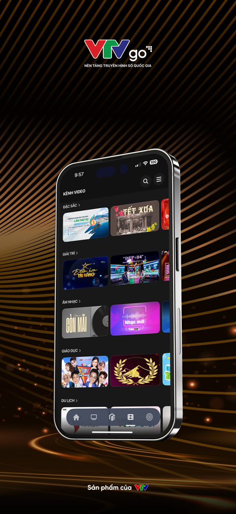 VTV Go Truyền hình số Quốc gia - VTV Go mobile app interface showing various Vietnamese video content categories on a smartphone