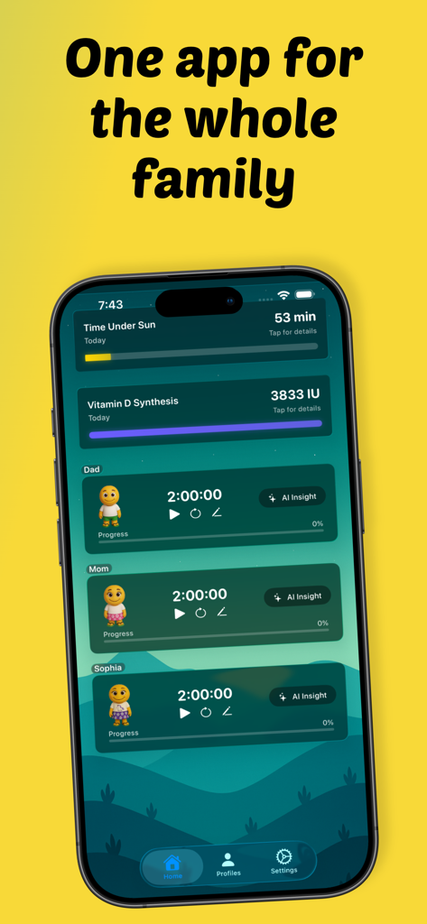 A interface do aplicativo UVBuddy exibindo o tempo de exposição solar e a síntese de Vitamina D para vários perfis de membros da família.