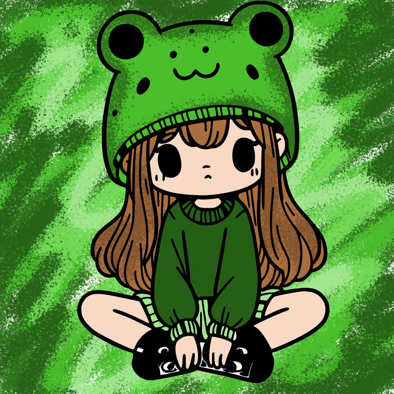 a girl wearing a frog hat and some frog socks