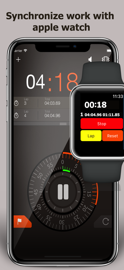 Stopwatch ٞ - Aplicación de cronómetro mostrando temporizadores sincronizados y seguimiento de vueltas en iPhone y Apple Watch.