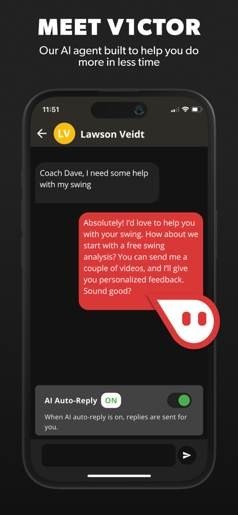 V1 Coach: Video Analysis App - Interfaz de la aplicación móvil V1 Coach que muestra el agente VICTOR AI y una respuesta de chat automatizada para una solicitud de análisis de swing de un estudiante