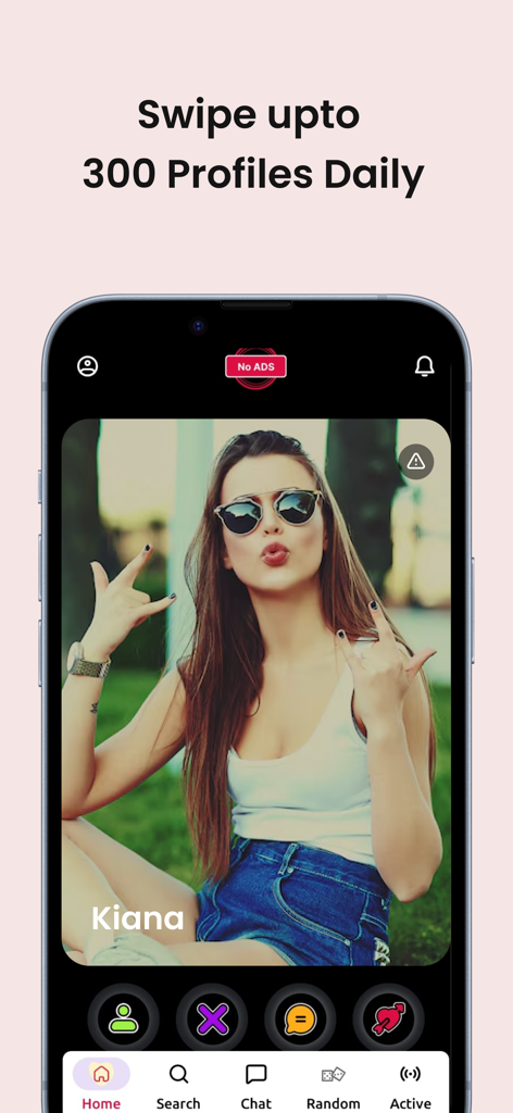 Flirtify: Chat & Meet Singles - Tela do aplicativo de namoro Flirtify mostrando o perfil de uma usuária e um título afirmando Deslize até 300 Perfis Diariamente