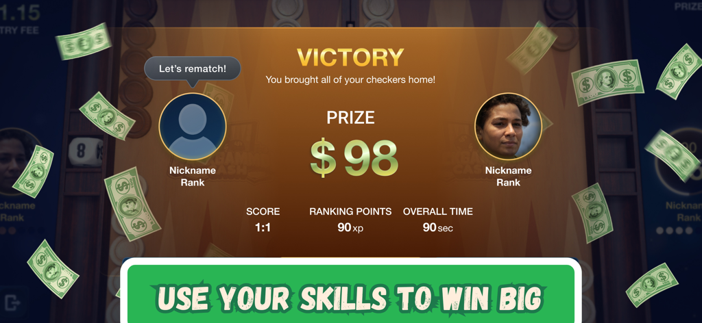 Victory screen from the Backgammon Cash app showing a 98 dollar prize and player statistics
