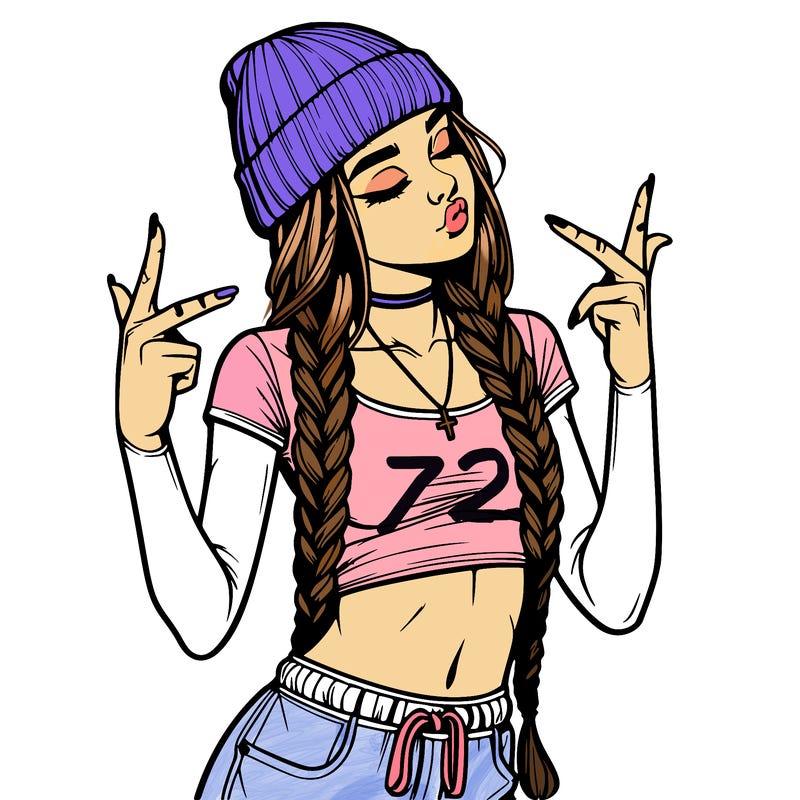 realistic teenage girl with braids and a beanie and crop top doing 🫶🏼