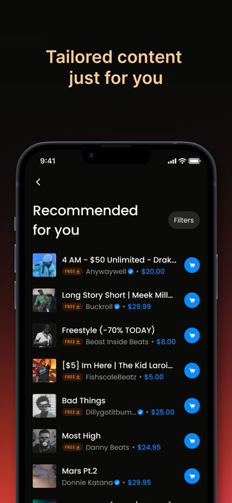 A screenshot of the BeatStars app showing a list of recommended instrumental beats tailored for the user