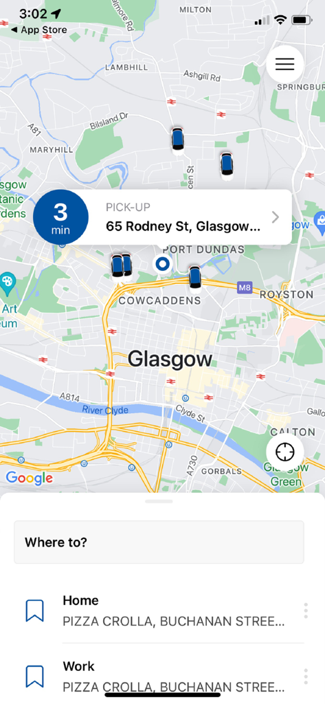 GlasGO Cars app interface showing a map of Glasgow with available taxis and a pickup time estimate