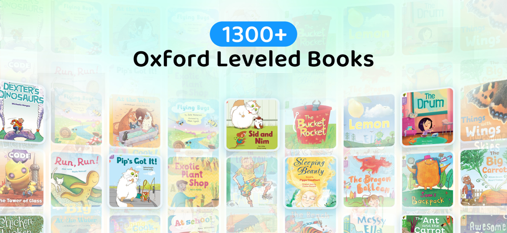 Uma grade de biblioteca apresentando mais de 1300 Livros Nivelados Oxford para crianças
