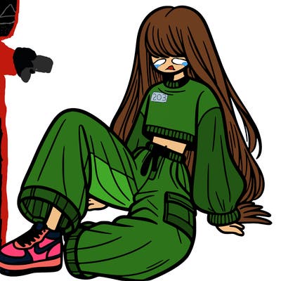 a girl with baggy pants and a crop top with long hair