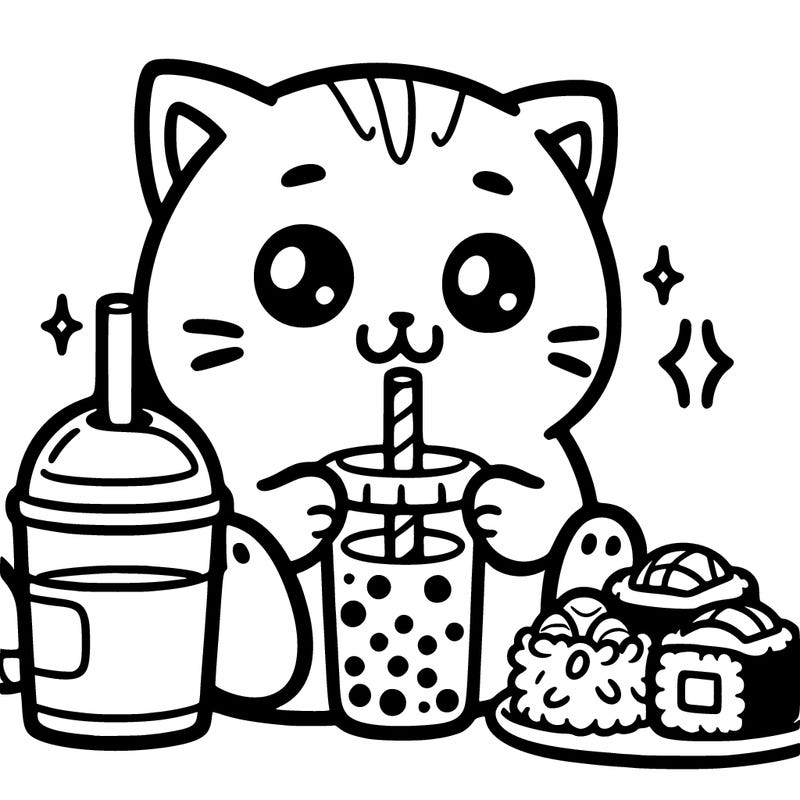 a cat drinking boba and eating sushi