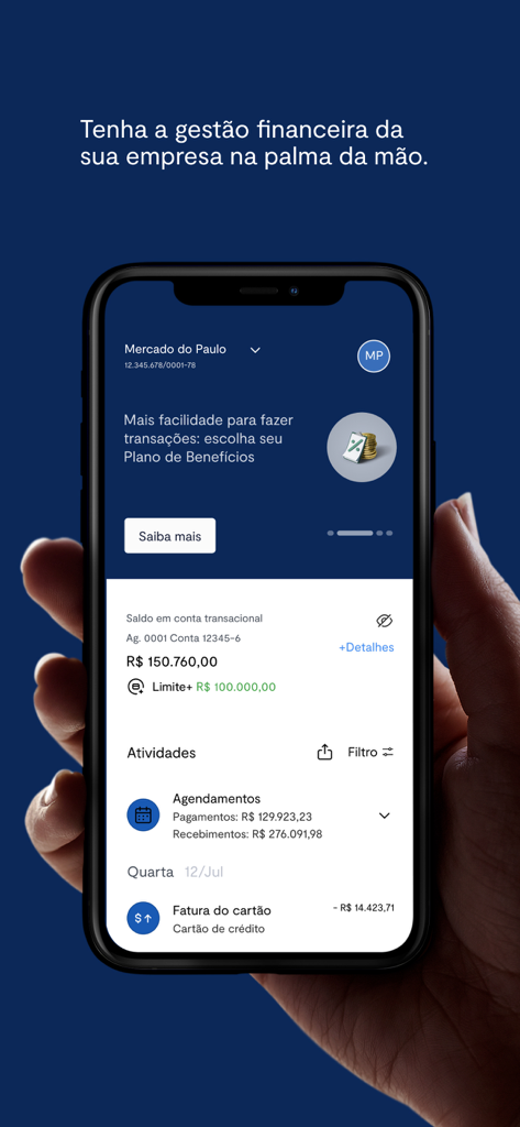 Painel do aplicativo móvel BTG Pactual Empresas mostrando saldo da conta e transações