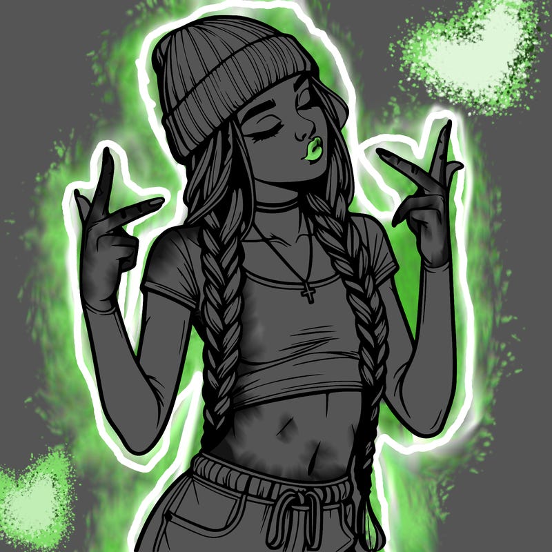 realistic teenage girl with braids and a beanie and crop top doing 🫶🏼