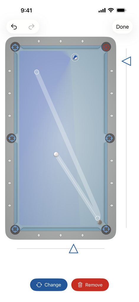 Billiard Shot Studio - Interface digital de mesa de sinuca mostrando trajetória da bola e posicionamento da bola branca.
