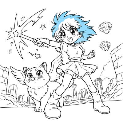 , cute anime girl, throwing with a magic wand