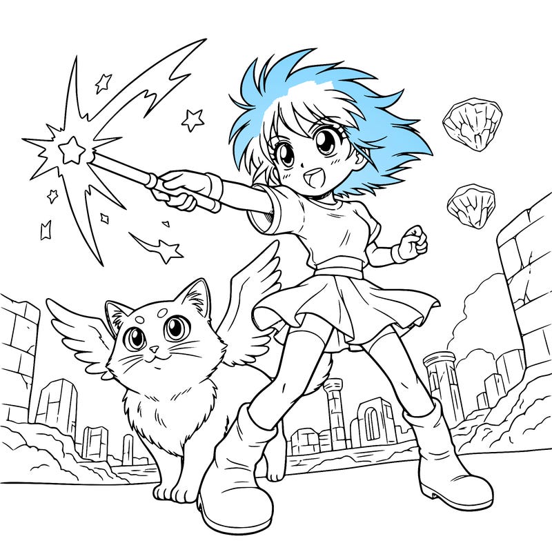 , cute anime girl, throwing with a magic wand