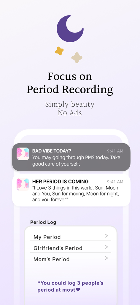 Hers - Period record - Hersアプリのインターフェースに、複数人の月経記録と周期通知が表示されています