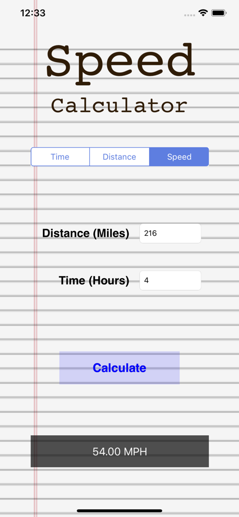 Distance Speed Time Calculator - Interface of the Speed Calculator app showing a 54 MPH result based on 216 miles and 4 hours