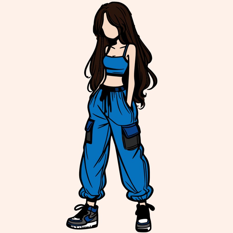 girl in baggy pants crop top and long hair