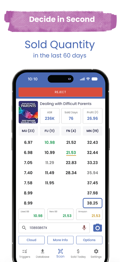 Bookzy App - Mobile interface of Bookzy app displaying detailed book scouting data including profit and sales rank