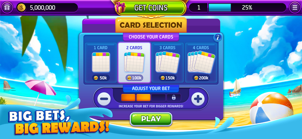 Bingo Mania™ Live Bingo Games - Card selection screen in Bingo Mania showing options to play up to four cards with bet adjustments on a tropical beach background