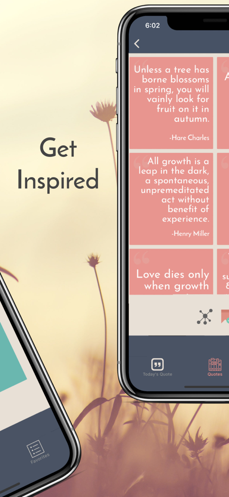 Quote of the Day+ - ミニマリストなインターフェースに毎日のインスピレーション引用のコレクションを表示するスマートフォン画面。