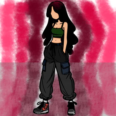 girl in baggy pants crop top and long hair