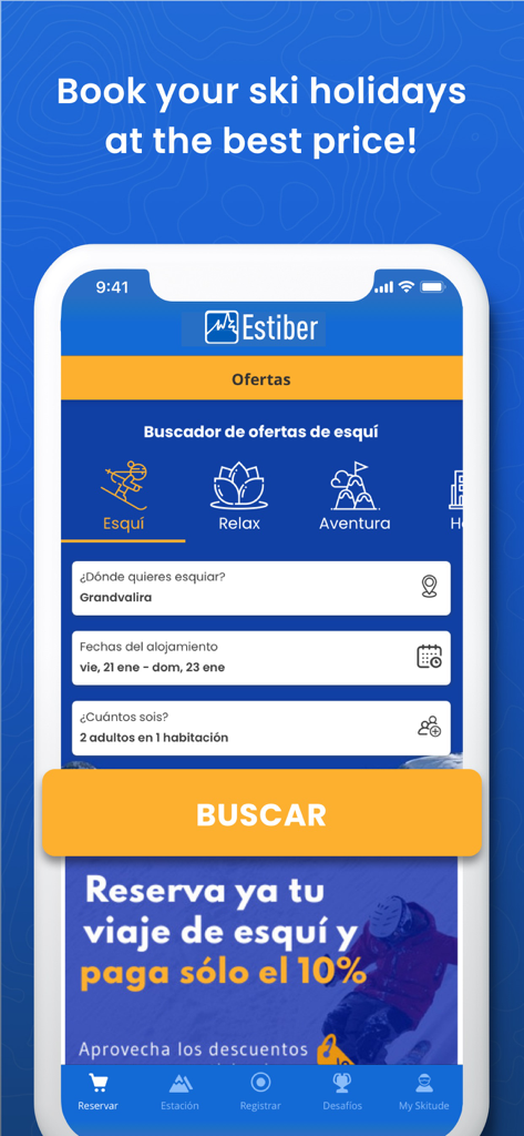 Estiber Viajes - Interfaz de la aplicación Estiber para buscar y reservar paquetes vacacionales de esquí.