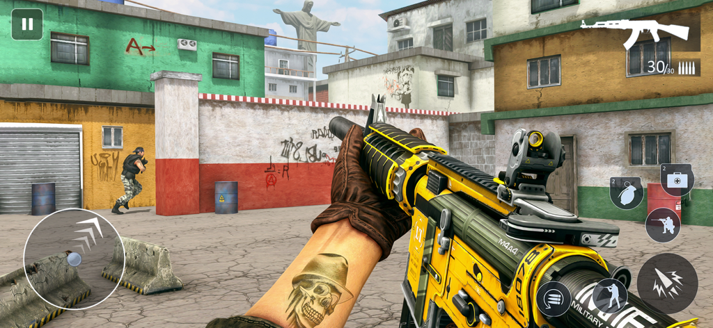 First person view of a soldier holding a yellow assault rifle in an urban combat zone