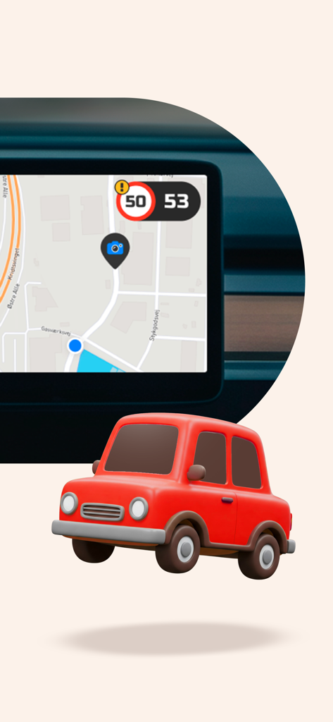 Saphe Link Navigations-Oberfläche auf einem Armaturenbrett im Auto mit Anzeige von Geschwindigkeitsbegrenzung und Blitzerwarnungen.