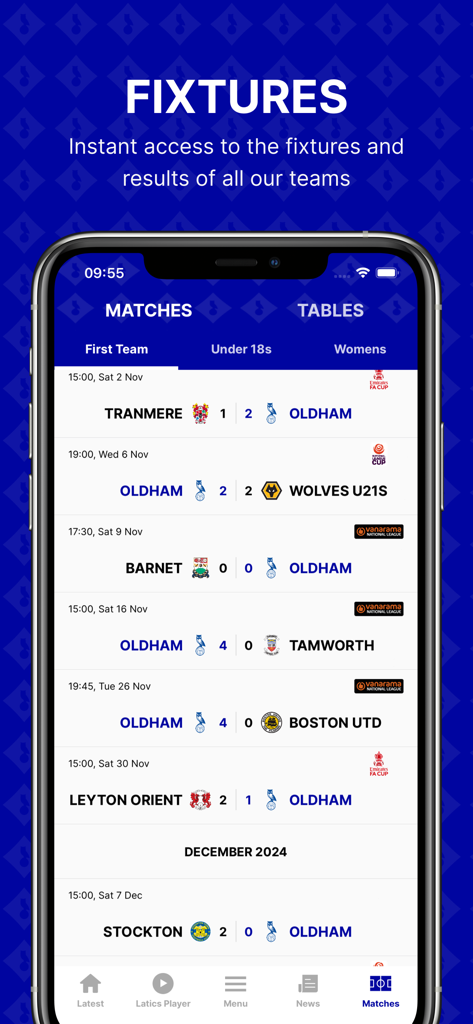 Oldham Athletic AFC - Aplicación móvil Oldham Athletic AFC mostrando una lista de los próximos partidos y resultados del primer equipo