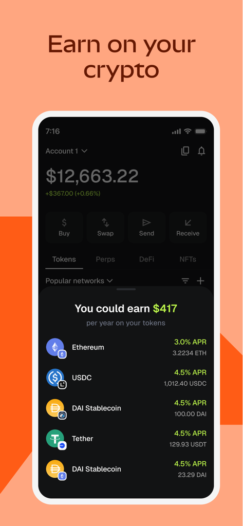 MetaMask mobile app interface showing passive income opportunities and APR for various crypto tokens